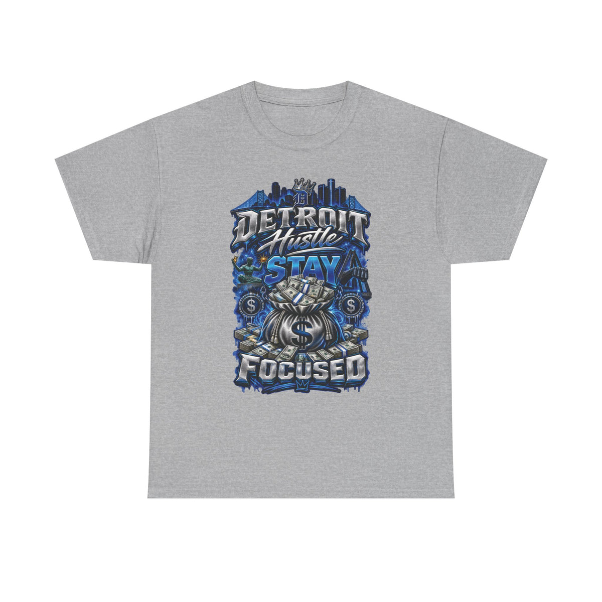 Detroit Hustle Stay Focused Tee | City Skyline, Money Bag Graphic