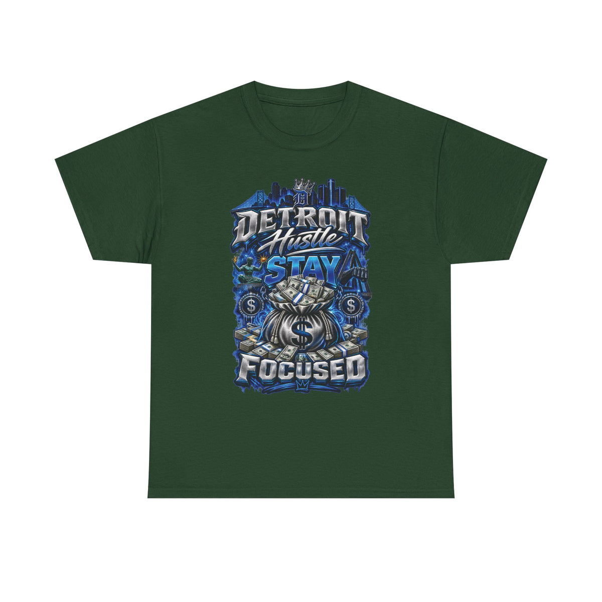 Detroit Hustle Stay Focused Tee | City Skyline, Money Bag Graphic