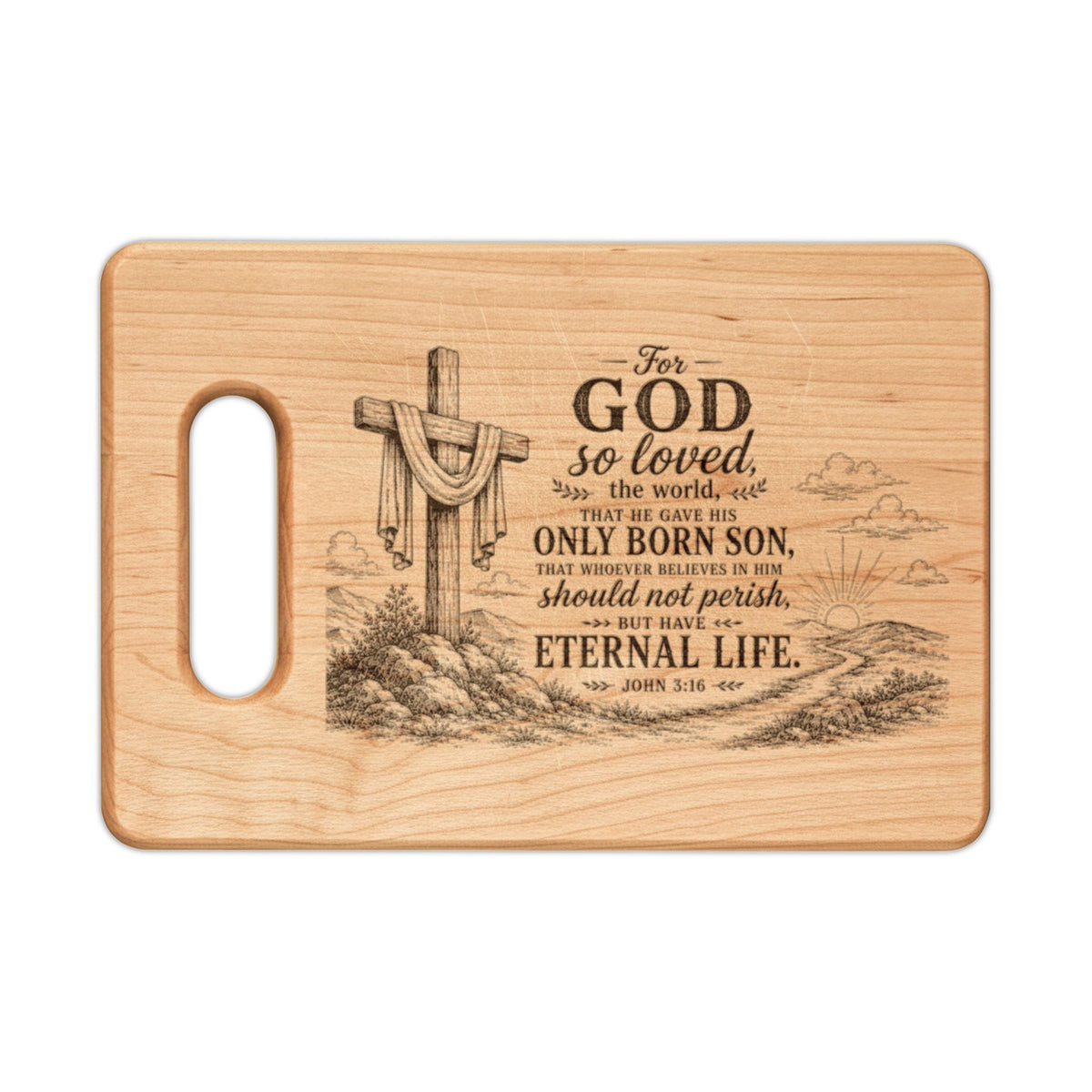 Christian Cross Scripture Engraved Wooden Cutting Board | Religious Kitchen Decor
