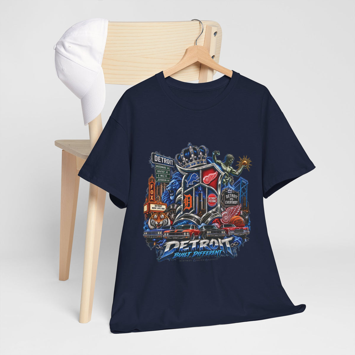 Detroit Skyline Collage T-Shirt | Motor City Landmarks, Vintage Neon Design