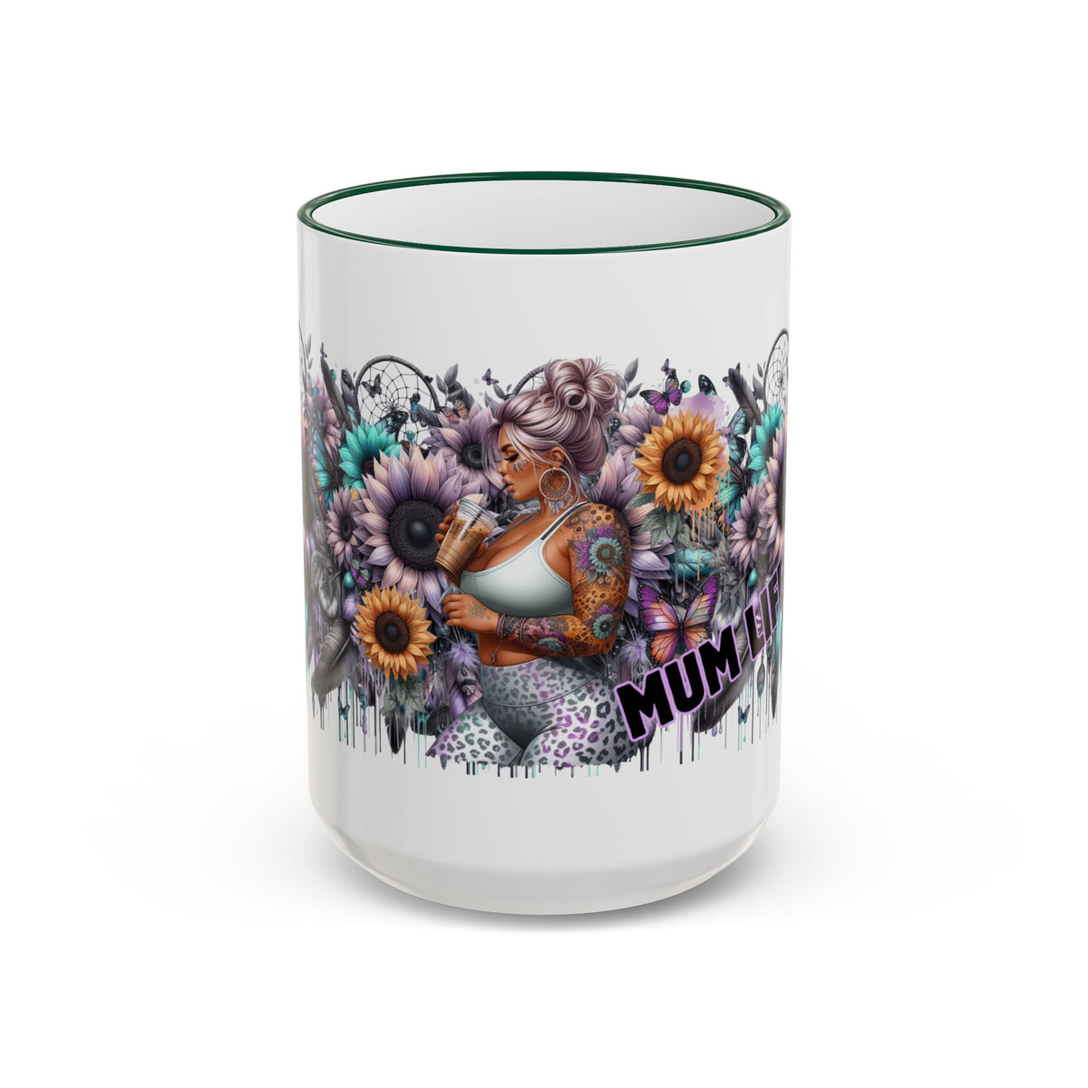 Tattooed Floral Skull Mum Mug | Accent Rim & Handle Ceramic Mug