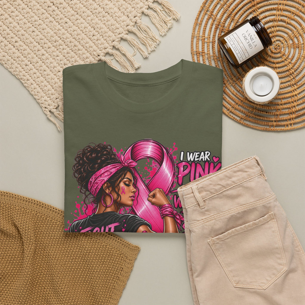 Fight with Faith breast cancer awareness T-Shirt | Rosie the Riveter pink ribbon design