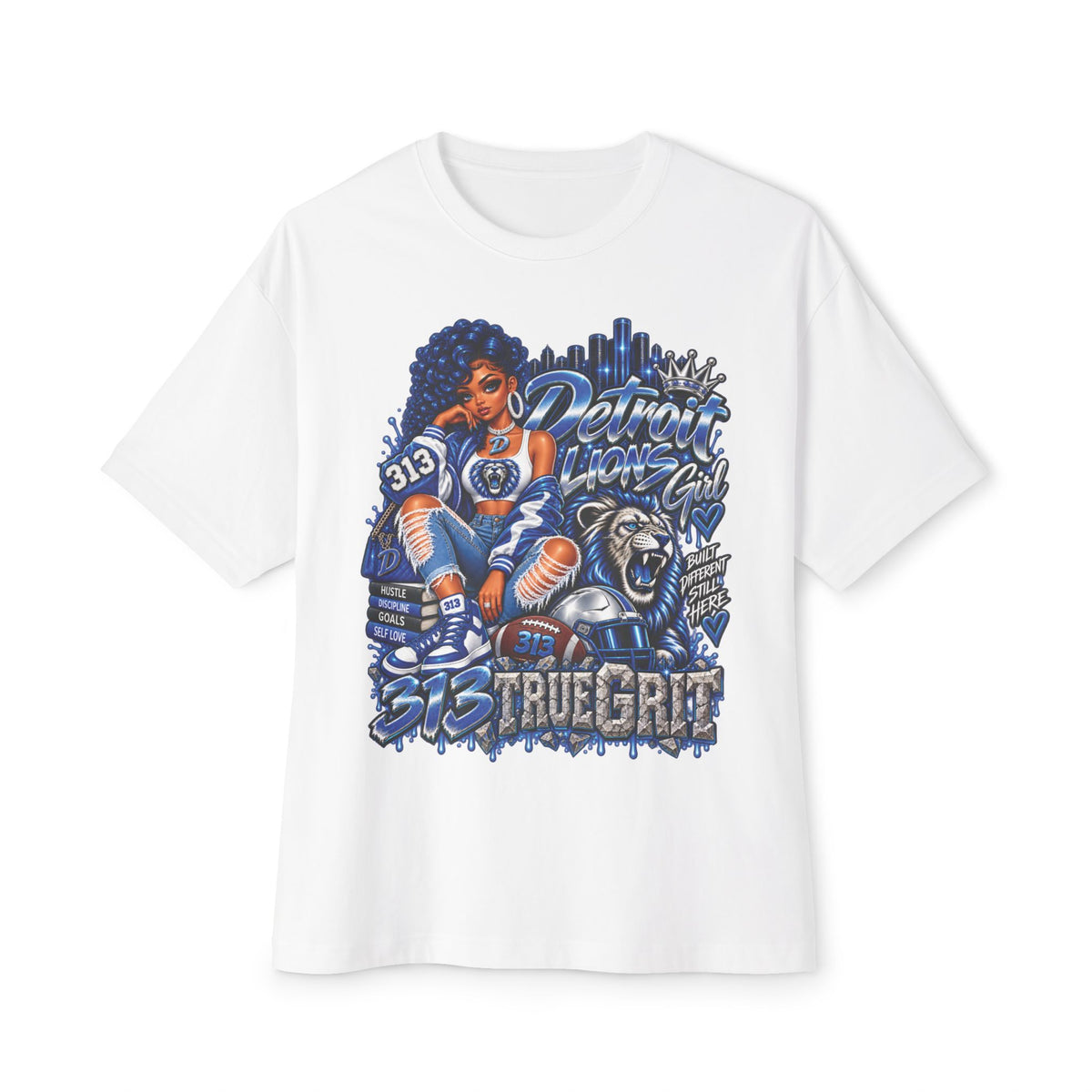Lions Detroit City Grit tee | Motor City skyline, 313, sneaker and bulldog illustration