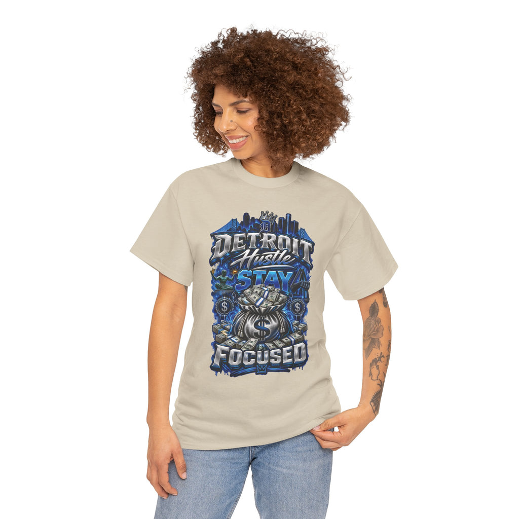 Detroit Hustle Stay Focused Tee | City Skyline, Money Bag Graphic
