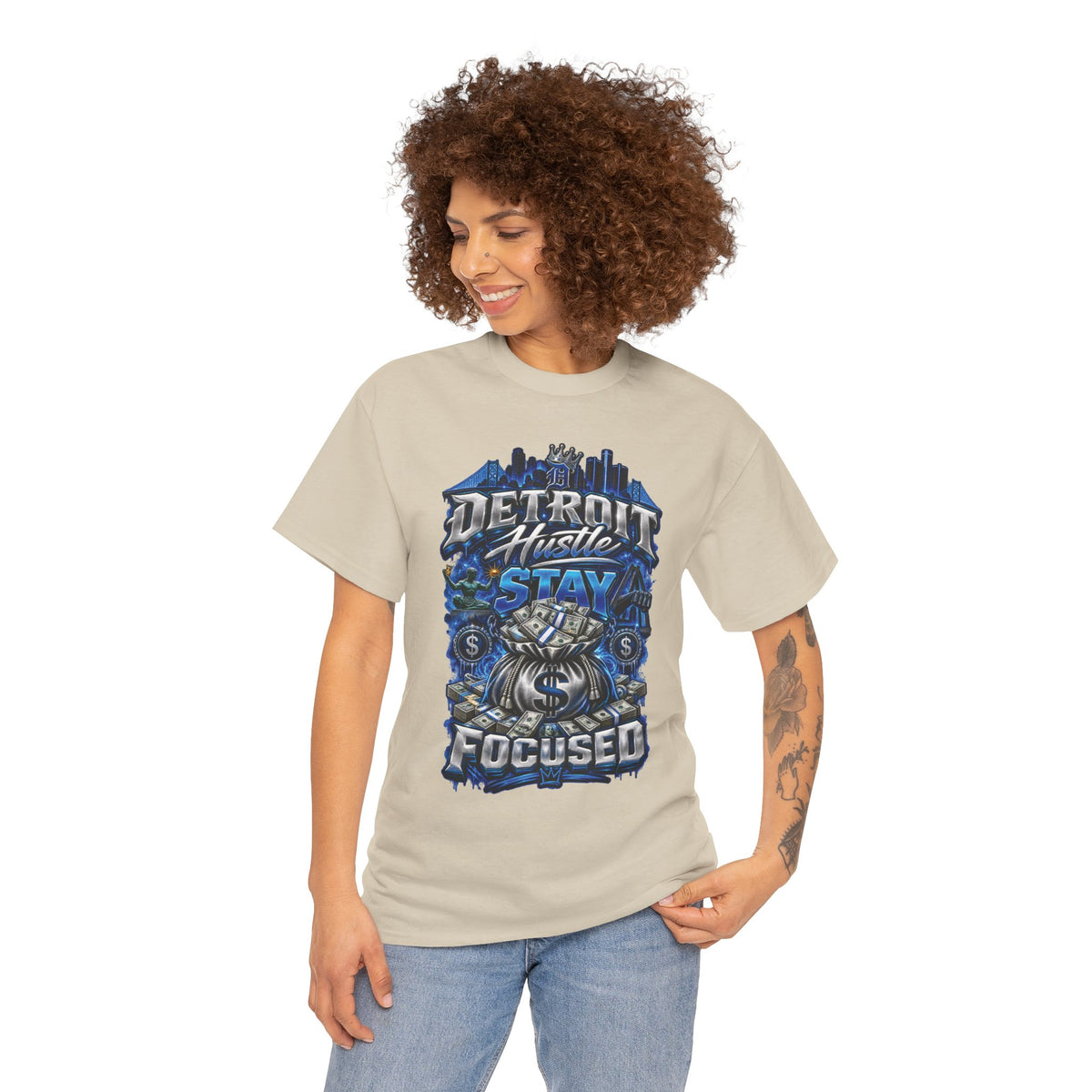 Detroit Hustle Stay Focused Tee | City Skyline, Money Bag Graphic