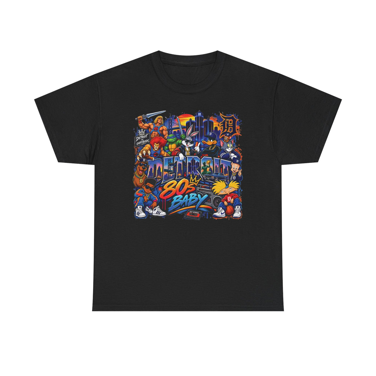 Retro 80s Baby Graphic Tee | Neon Cityscape, Vintage Arcade Characters