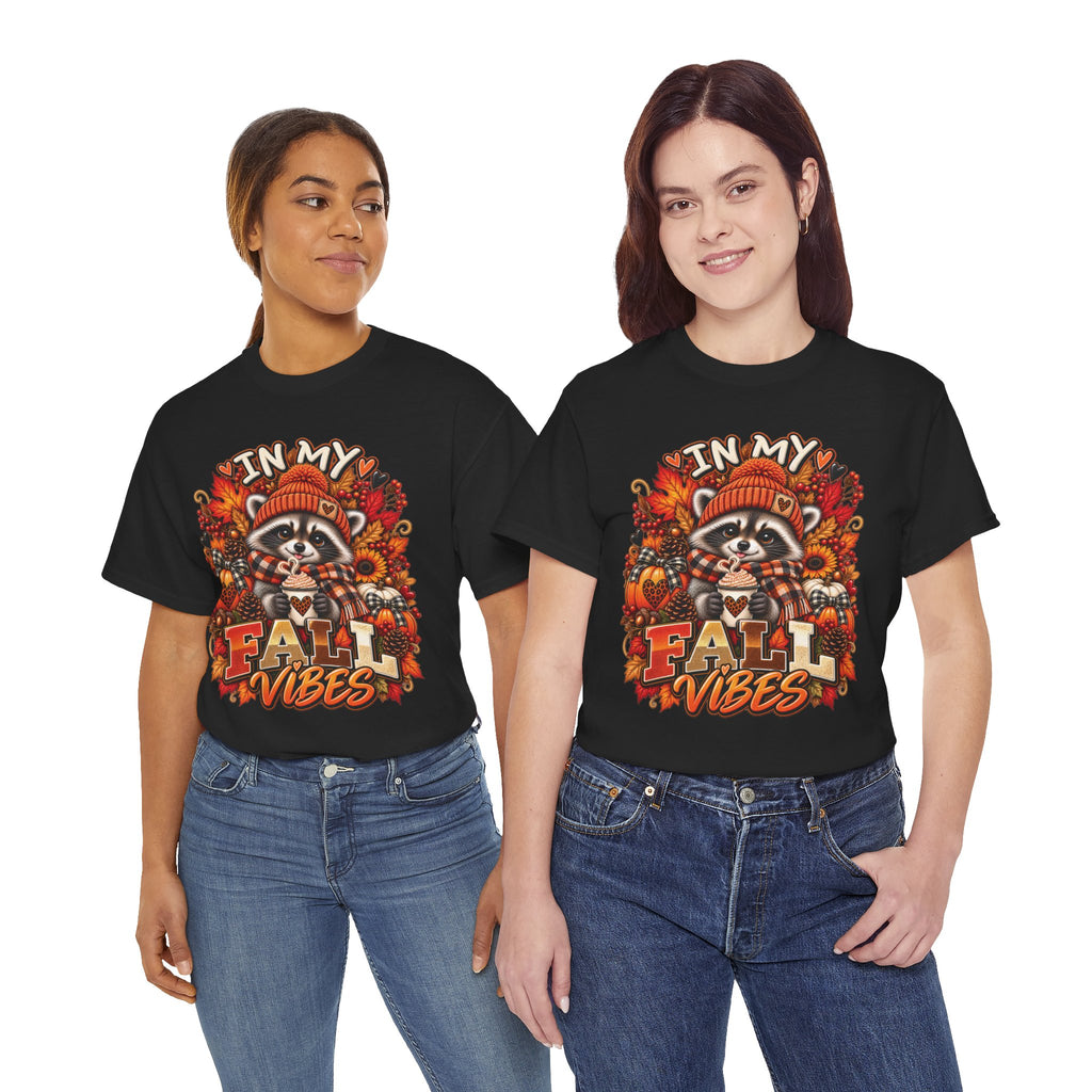 Cozy Raccoon Fall Vibes T-Shirt | Autumn Pumpkin Leaves Tee
