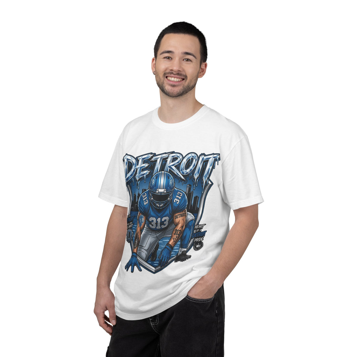 Copy of Detroit 313 Football Player T-Shirt | City Skyline, Blue Helmet Design