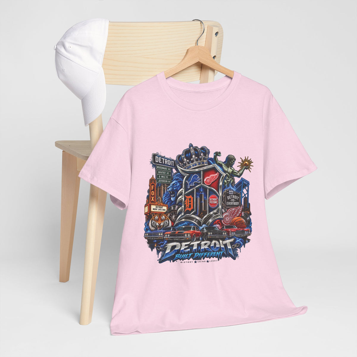 Detroit Skyline Collage T-Shirt | Motor City Landmarks, Vintage Neon Design