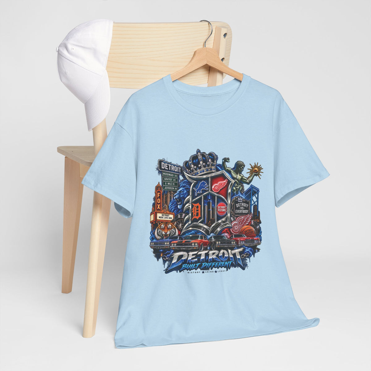 Detroit Skyline Collage T-Shirt | Motor City Landmarks, Vintage Neon Design