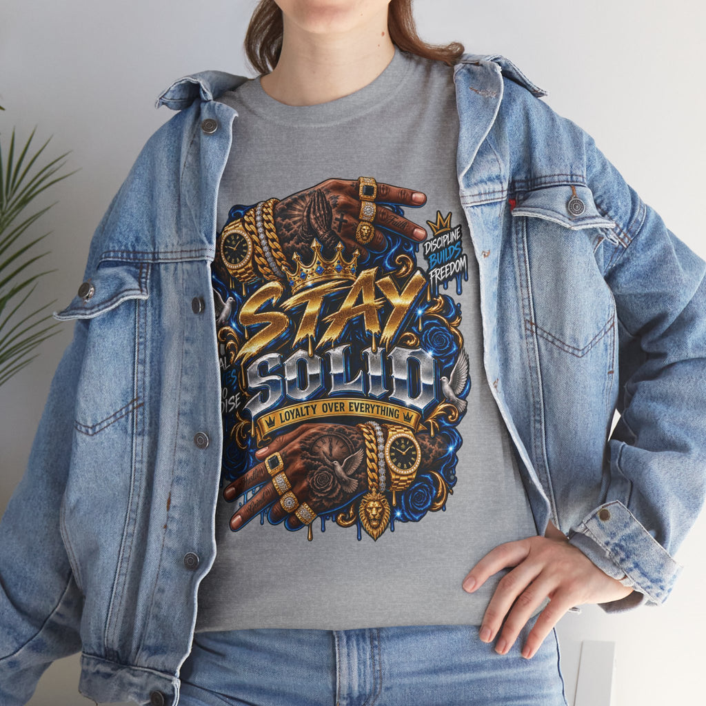 Stay Solid graphic tee | Urban street art typography, gold chain hands
