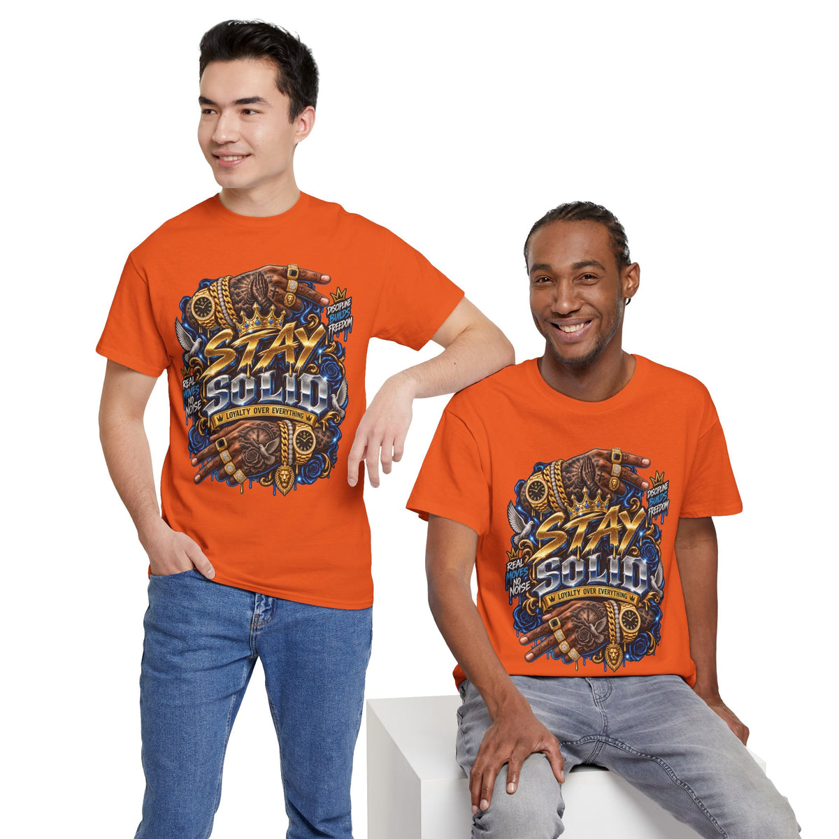 Stay Solid graphic tee | Urban street art typography, gold chain hands