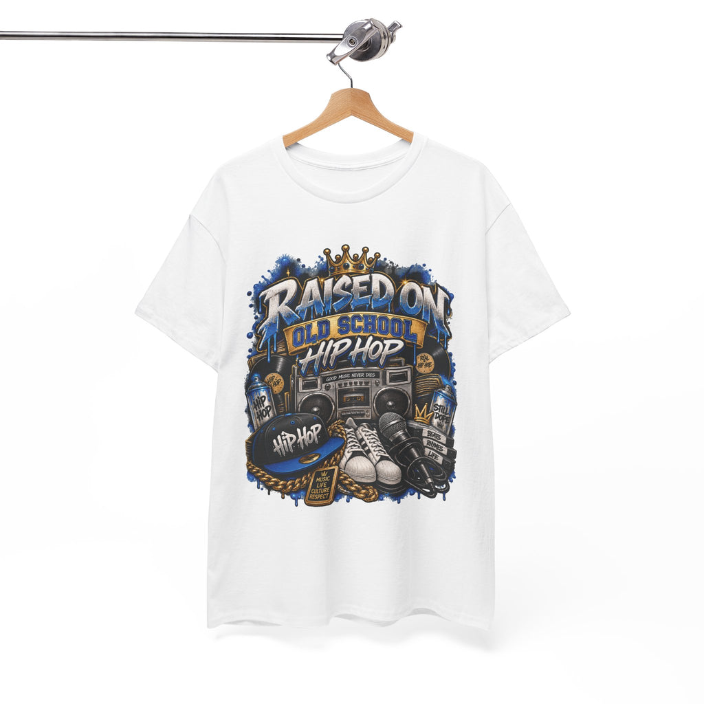 Raised On Old School Hip Hop T-Shirt | Retro Boombox Sneakers Crown Design