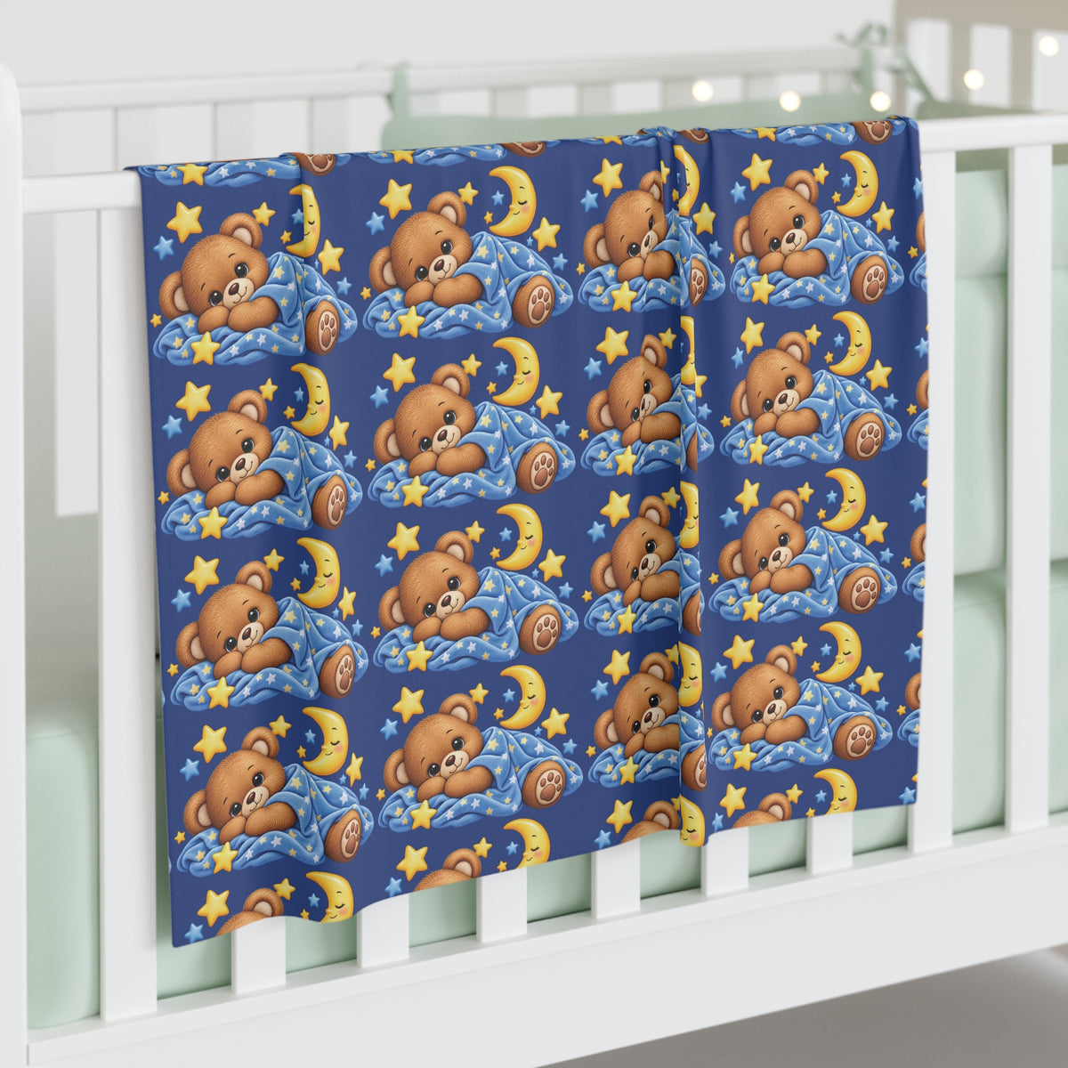 Sleeping Teddy Bear Moon Baby Swaddle Blanket | Starry Night Nursery
