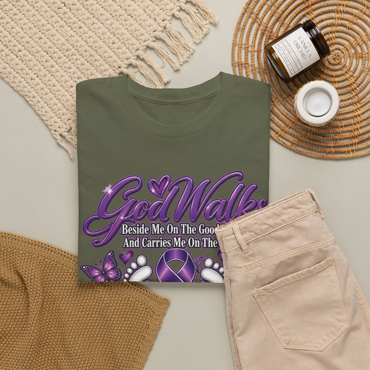 God Walks purple ribbon awareness T-Shirt | I'll Never Walk Alone design