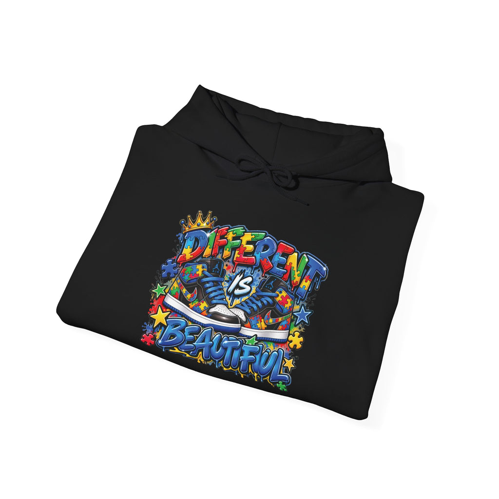 Different Is Beautiful hoodie | colorful graffiti text, stars & flowers