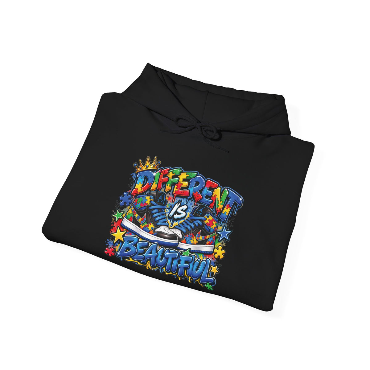 Different Is Beautiful hoodie | colorful graffiti text, stars & flowers