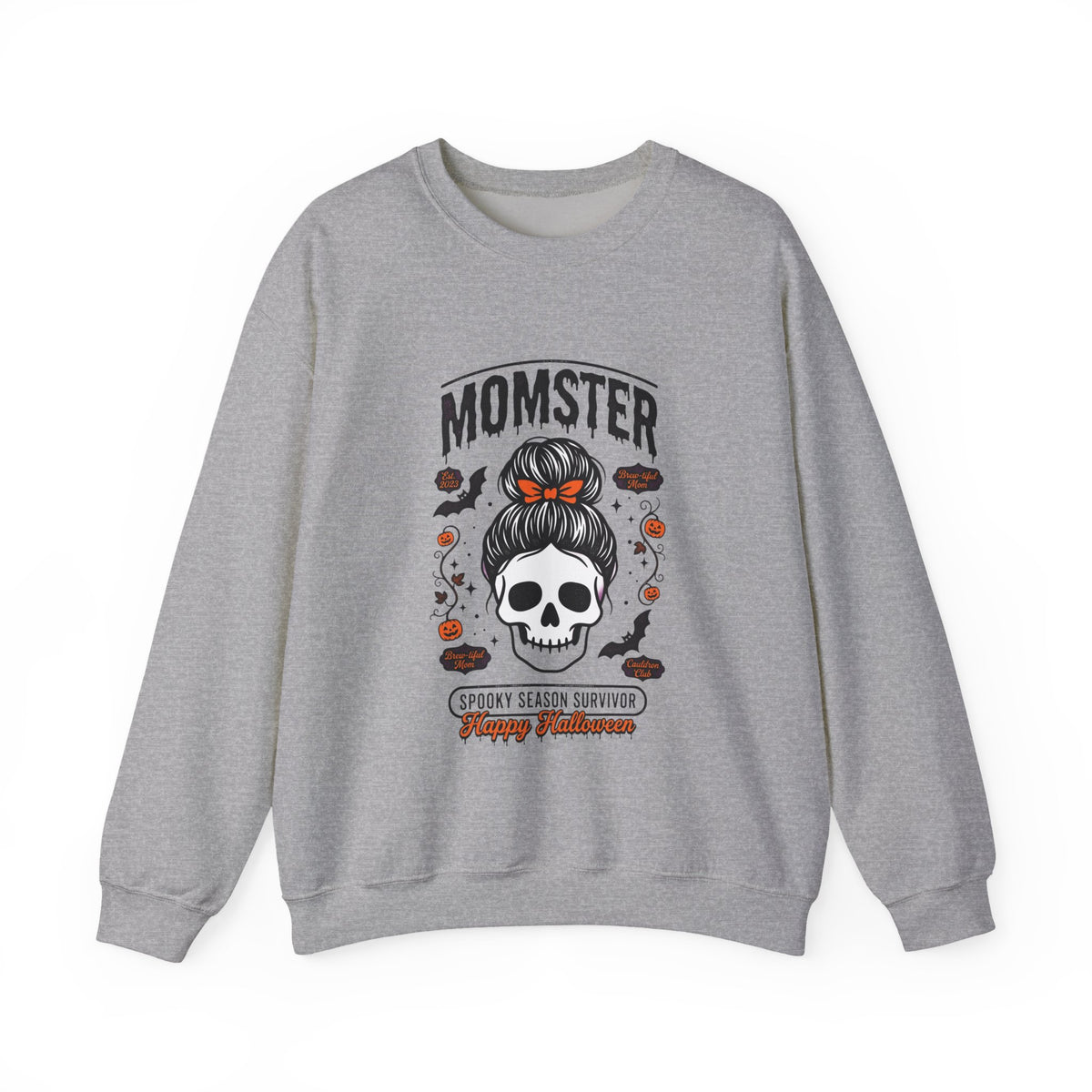Momster Skull with Bunned Hair Crewneck Sweatshirt | Halloween Mom Design