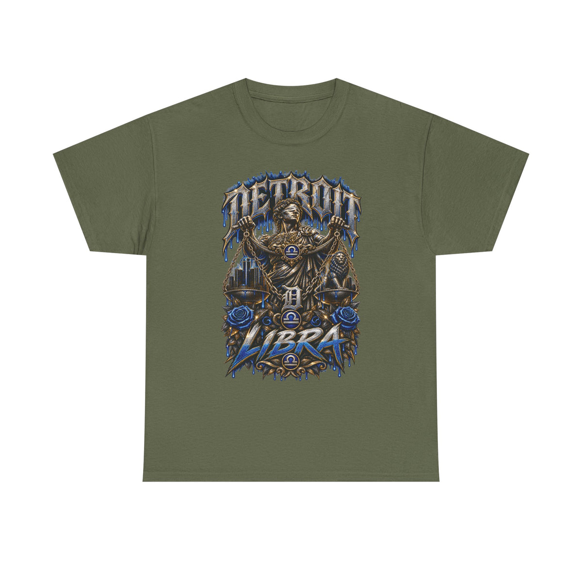 Detroit Libra T-Shirt | Skull Scales, Blue Roses, Zodiac Design