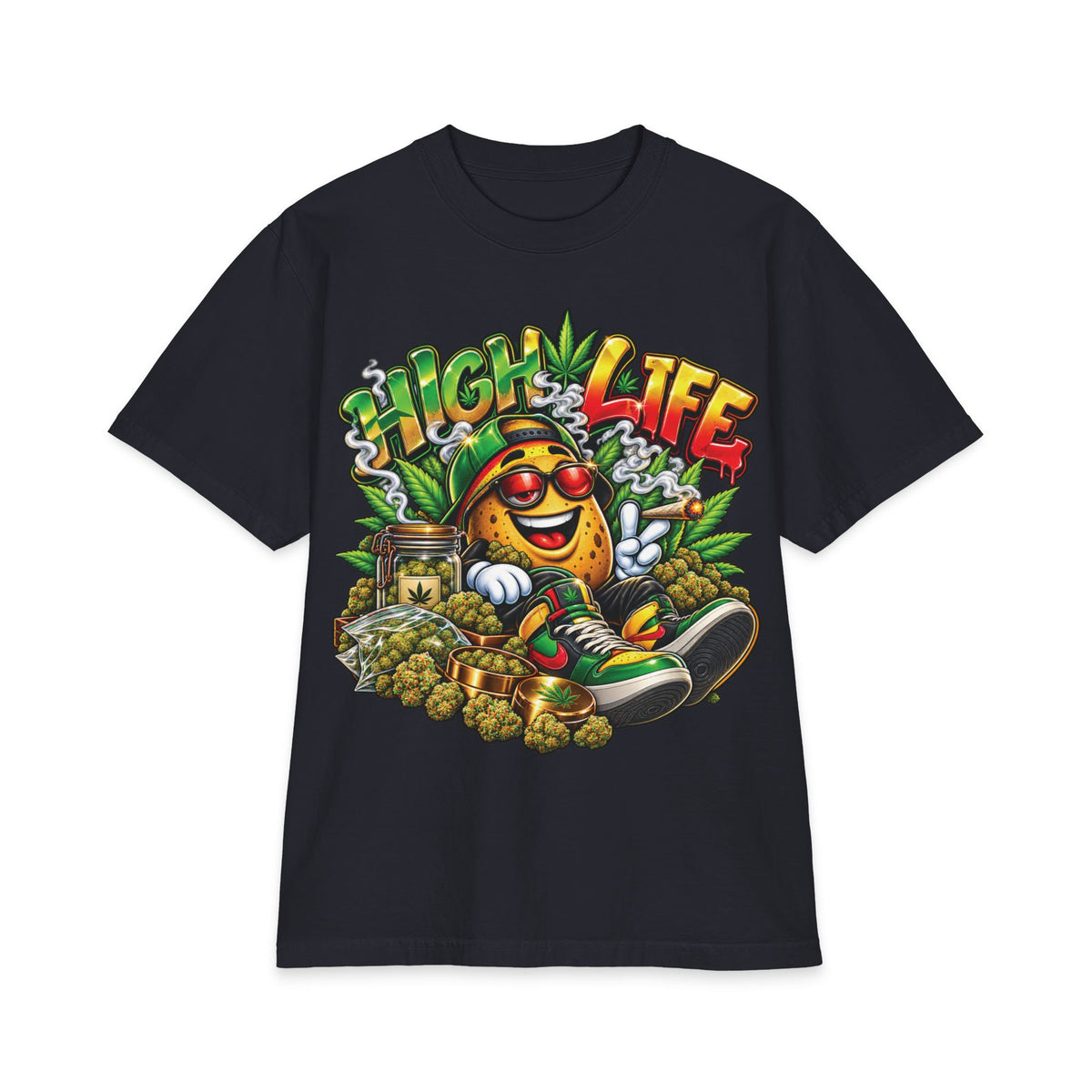 Detroir 420 High Life Smiley Stoner T-Shirt | Cannabis Leaf Skateboard Graphic