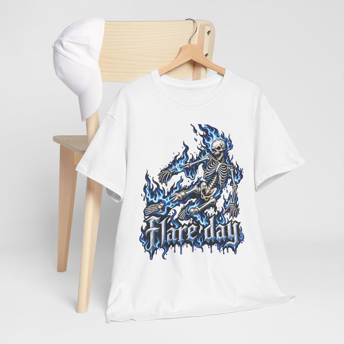 Blue Flaming Skeleton Skateboard T-Shirt | Skull Flame Graphic Tee