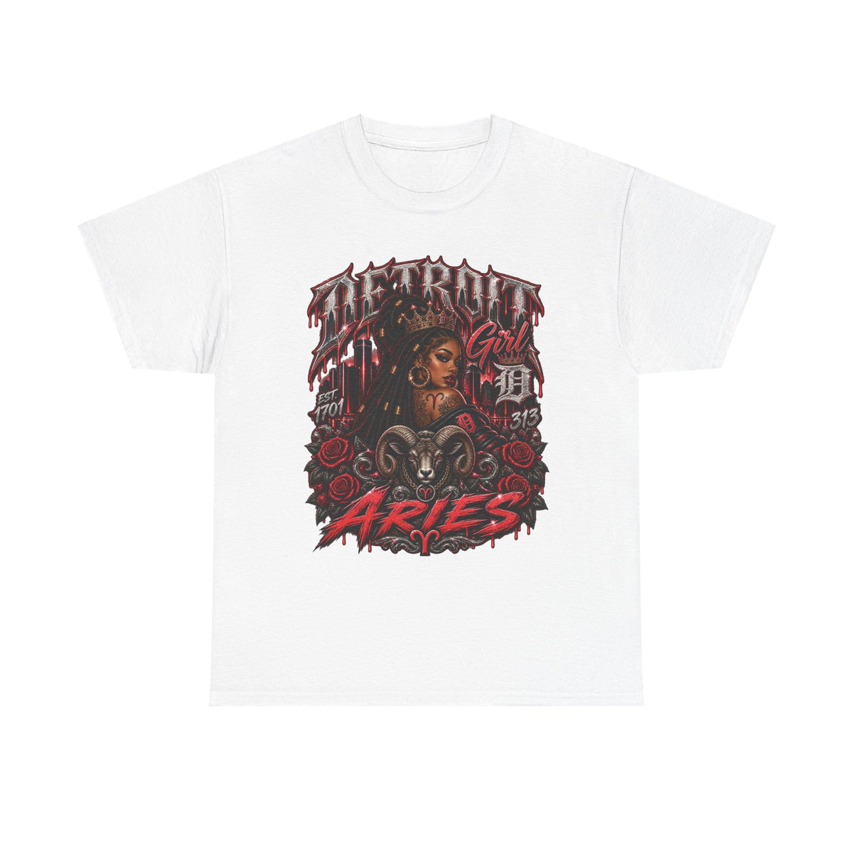 Aries Tattoo Style Graphic Tee | Zodiac Ram Illustration, Red Roses