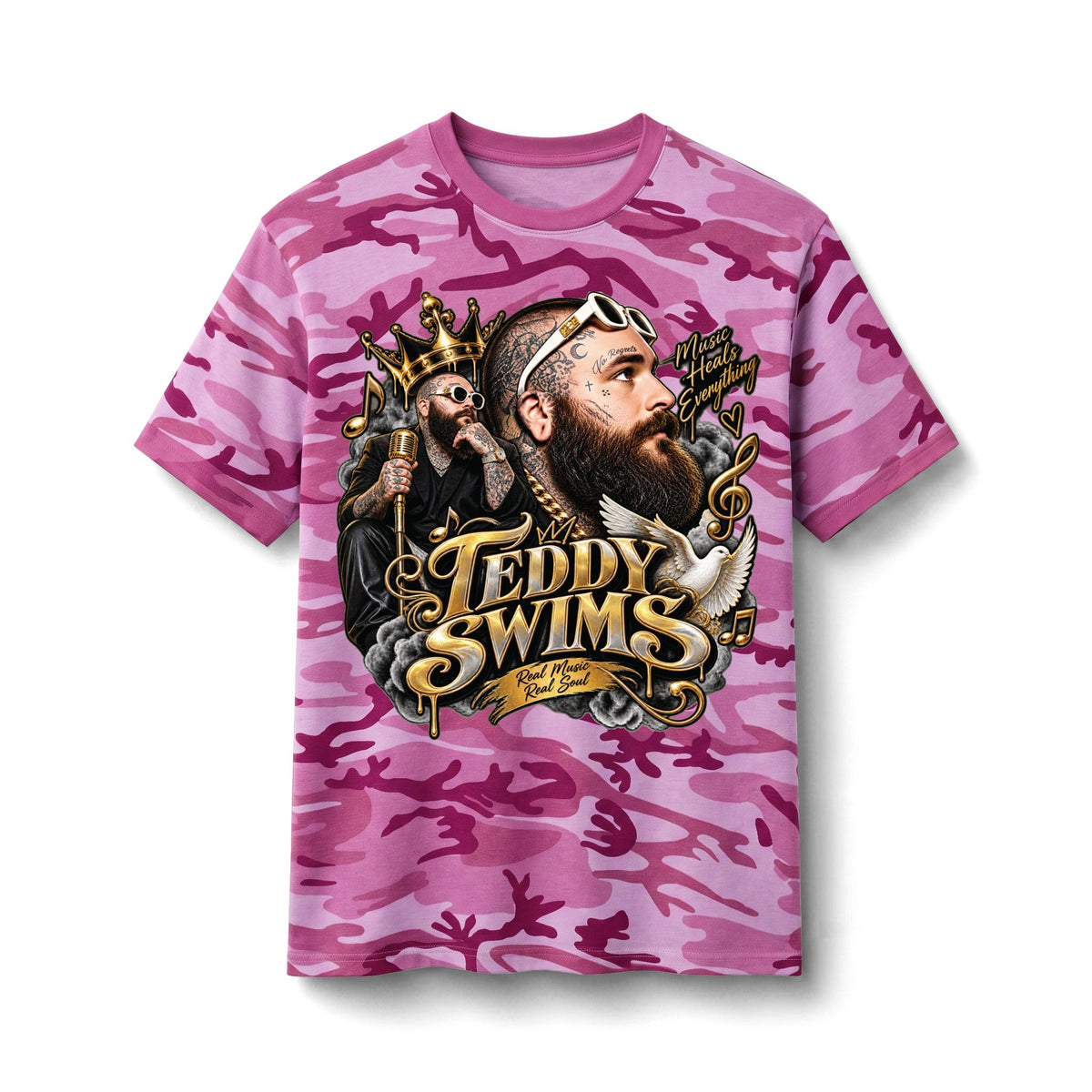 Teddy Swims Portrait Camo Tee | Musician Graphic Shirt, Retro Script Logo
