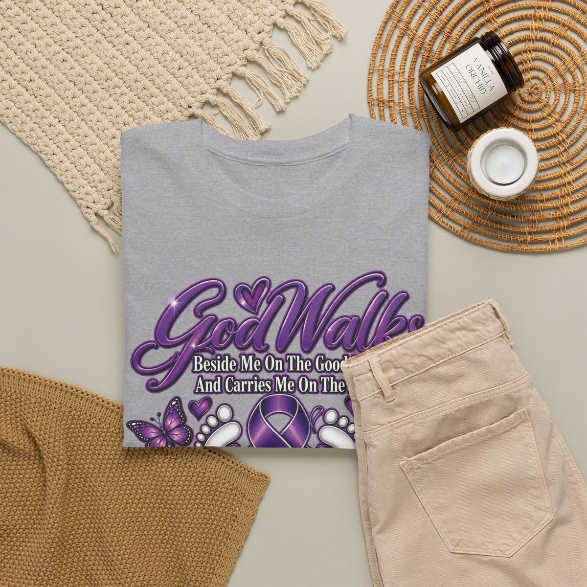 God Walks purple ribbon awareness T-Shirt | I'll Never Walk Alone design
