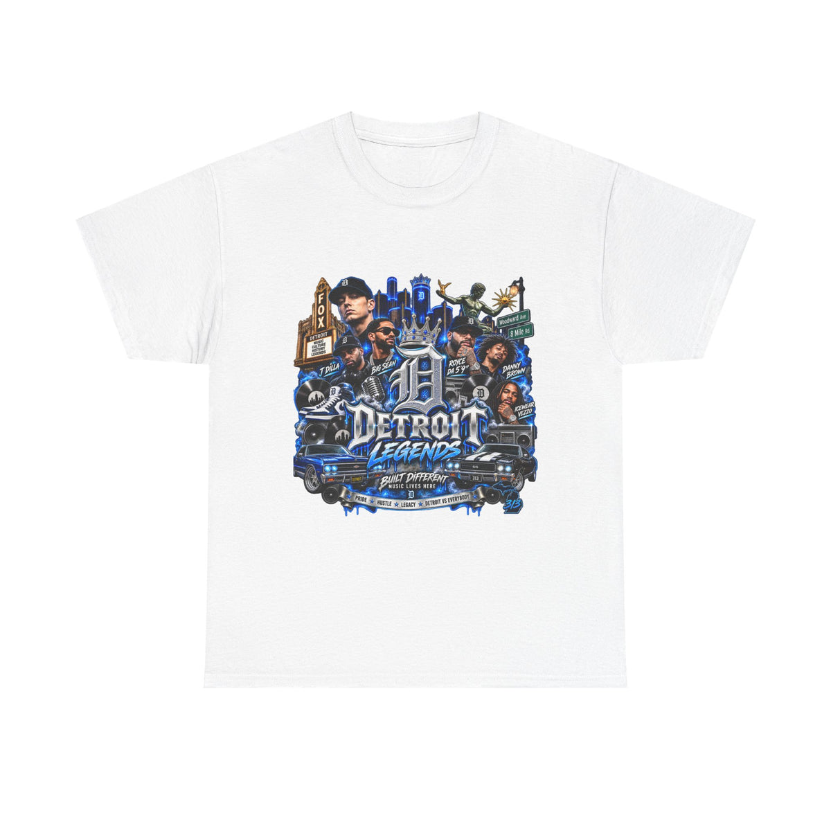 Detroit Legends collage T-Shirt | Motor City skyline, classic cars, musicians