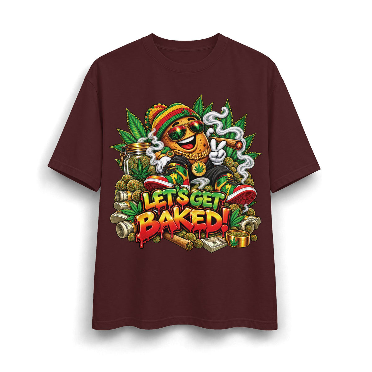 Detroit 420 Let's Get Baked marijuana leaf character T-Shirt | Rasta reggae cannabis design