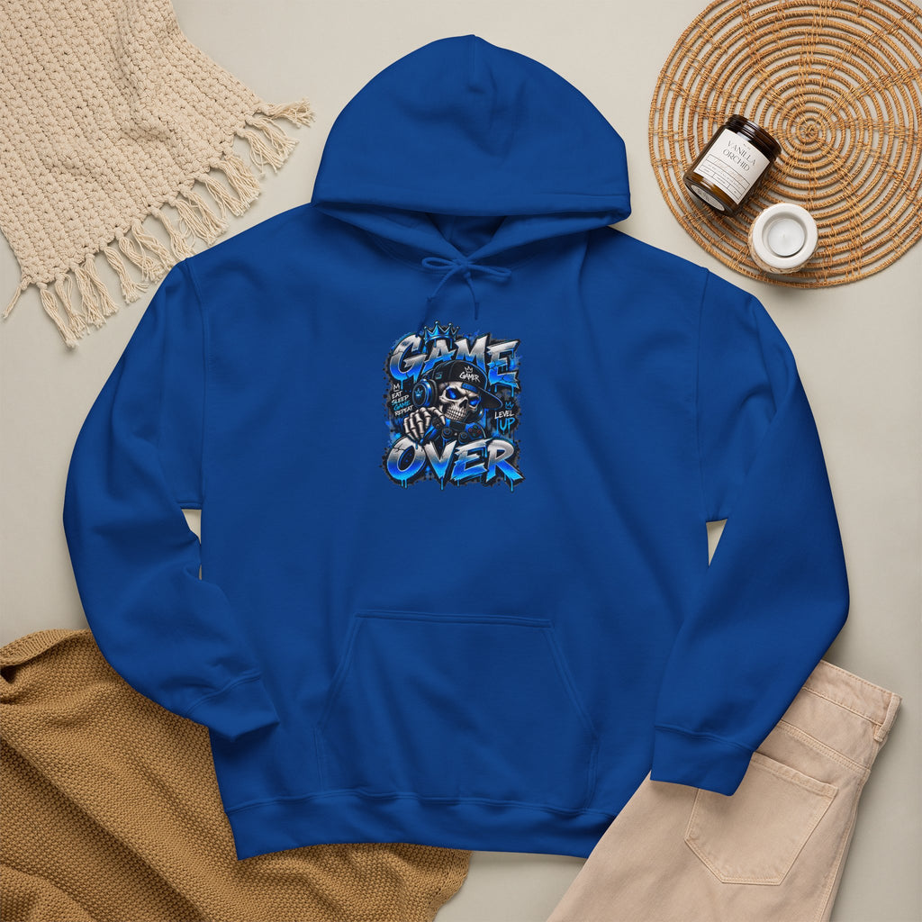 Game Over Skull hoodie | Gaming Graphic Sweatshirt, Blue Grunge Design