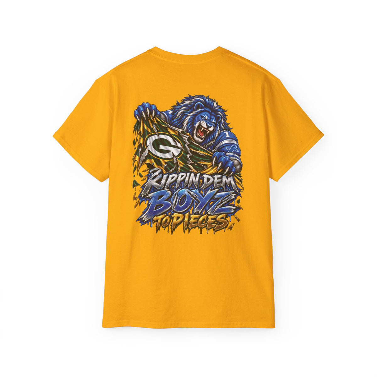 Detroit and Green Bay Rivalry Graphic Tee | Lion Ripping Green Bay Logo Back