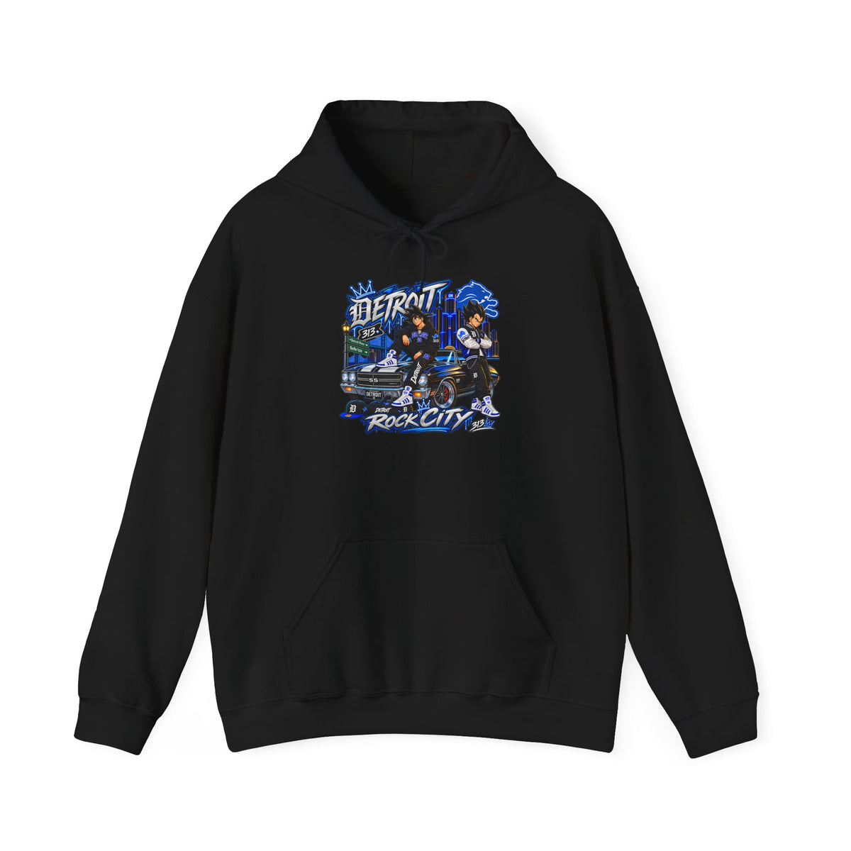 Detroit Rock City hoodie | vintage city skyline, electric blue motorcycle design