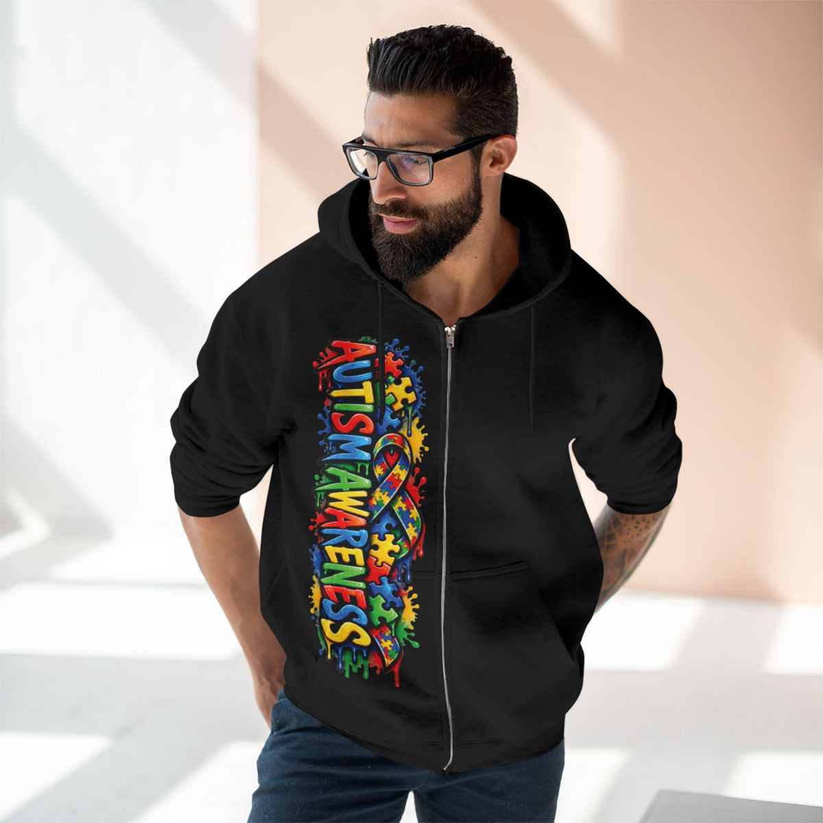 Autism Awareness Puzzle Heart Zip Hoodie | Colorful Awareness Design