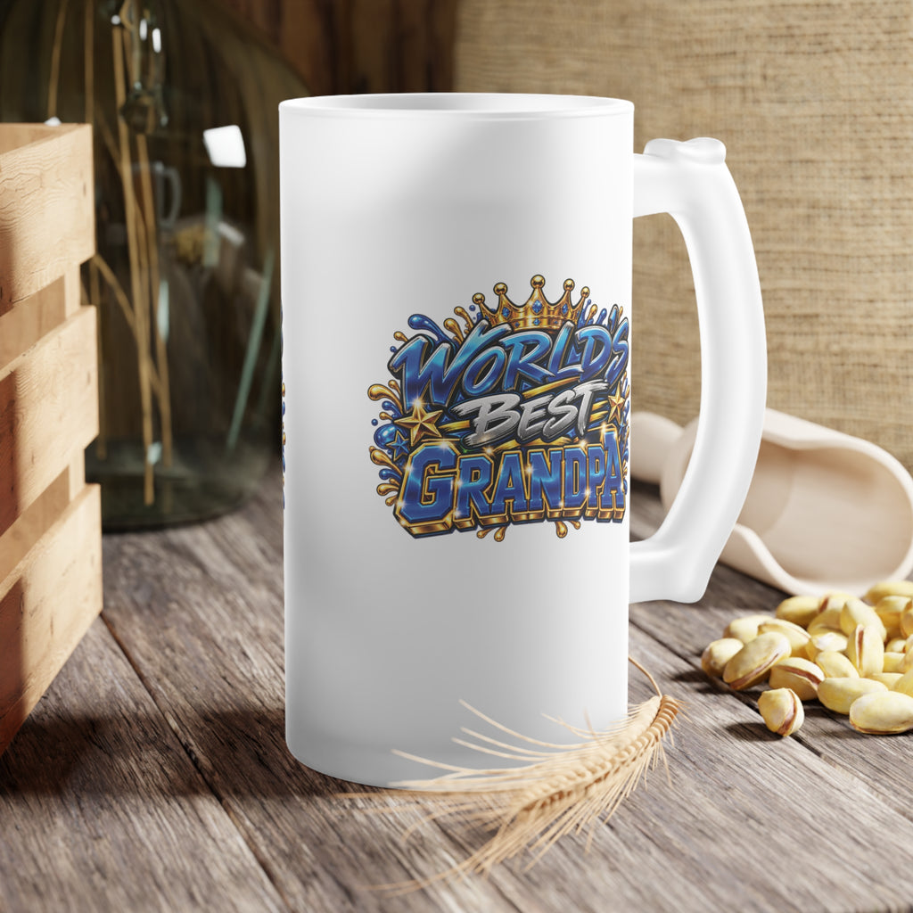 Worlds Best Grandpa Frosted Glass Beer Mug | Blue Graffiti Beer Stein Design