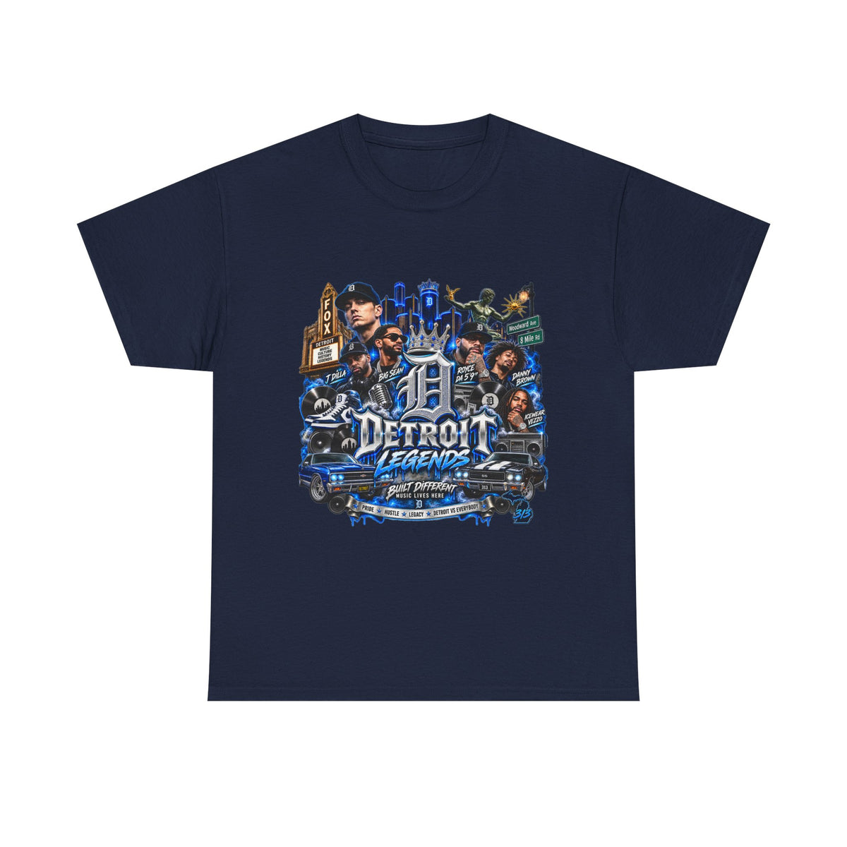 Detroit Legends collage T-Shirt | Motor City skyline, classic cars, musicians