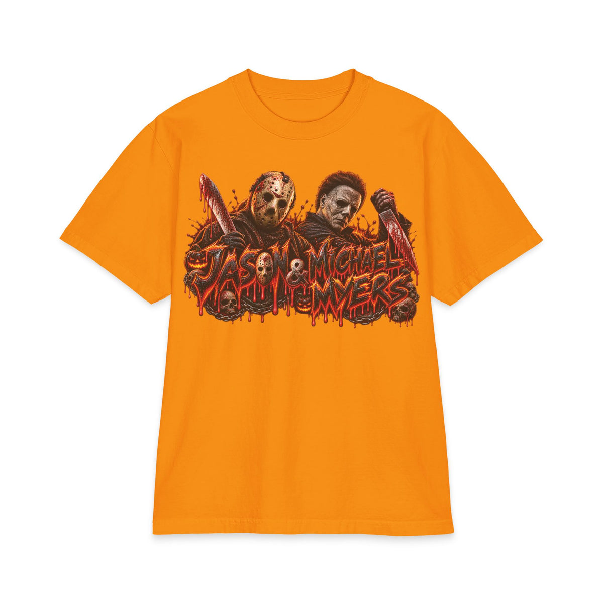 Jason and Micheal Myers Horror Slashers Graphic T-Shirt | Dual Masked Killers, Blood Drip Design