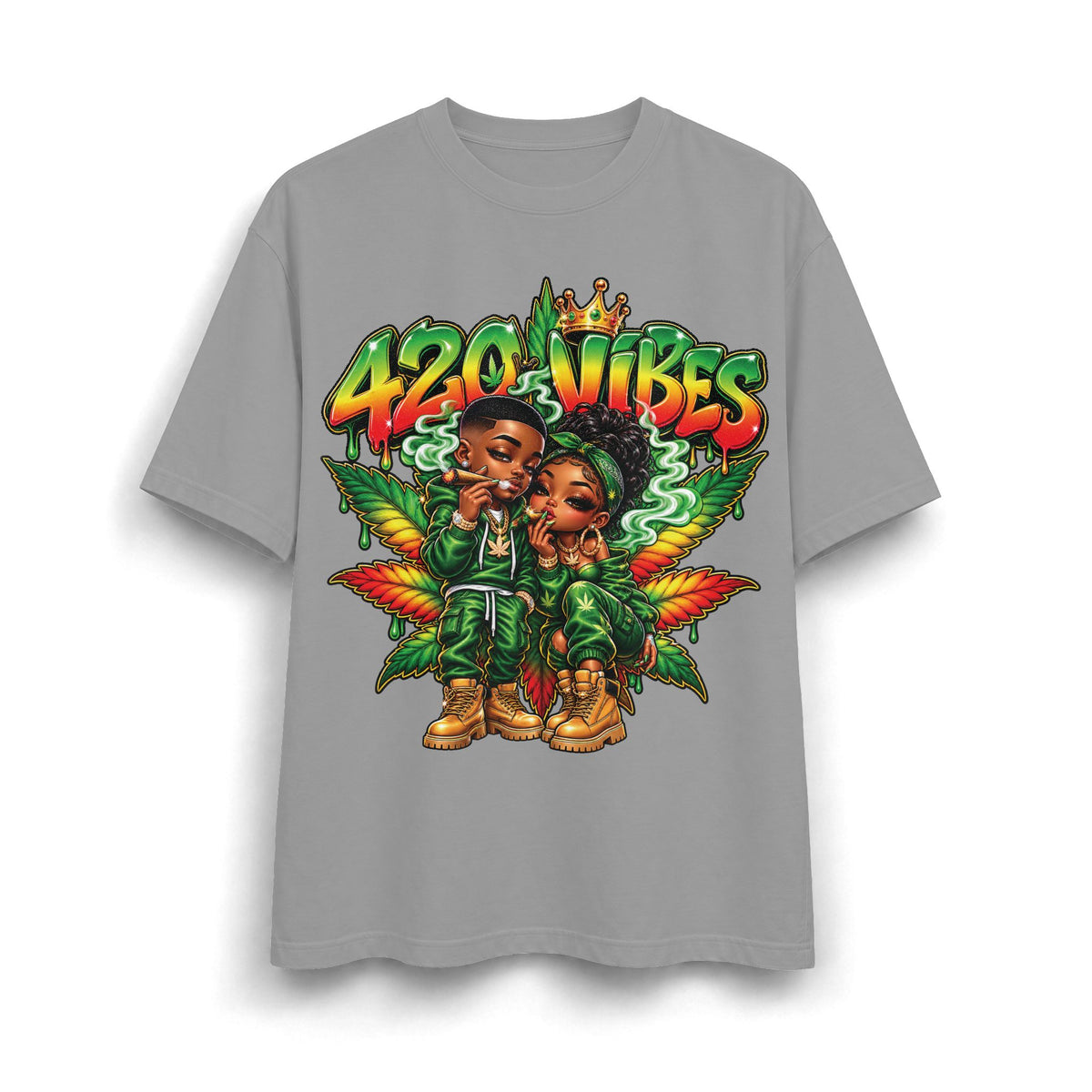 Detroit 420 Vibes Cartoon Couple T-Shirt | Cannabis Leaf Street Art Tee