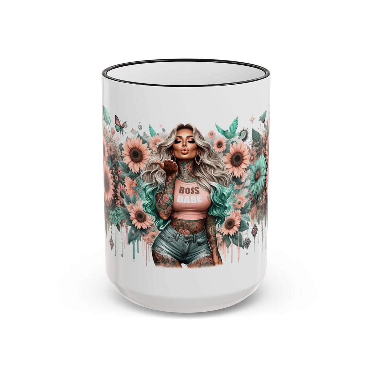 Boss Babe Floral Illustration Mug | Accent Rim & Handle Ceramic Coffee Cup