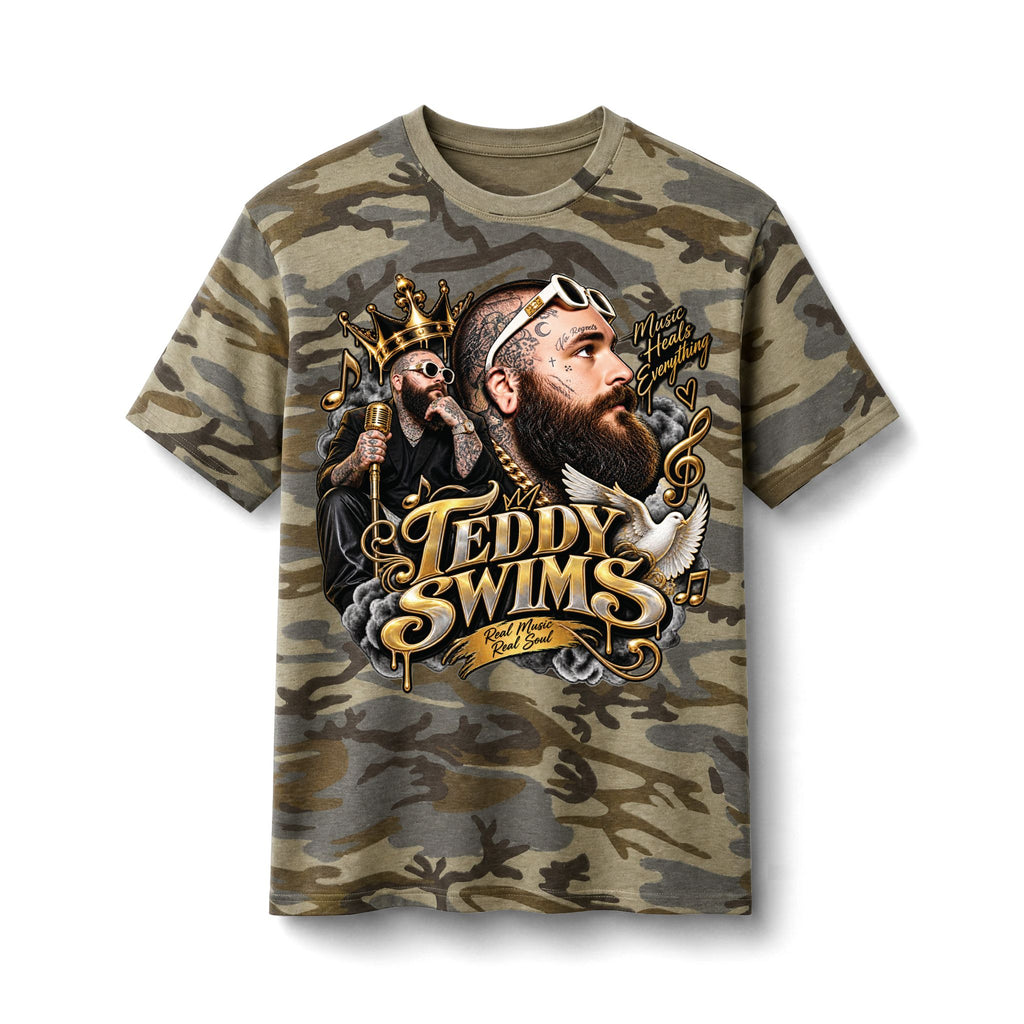 Teddy Swims Portrait Camo Tee | Musician Graphic Shirt, Retro Script Logo