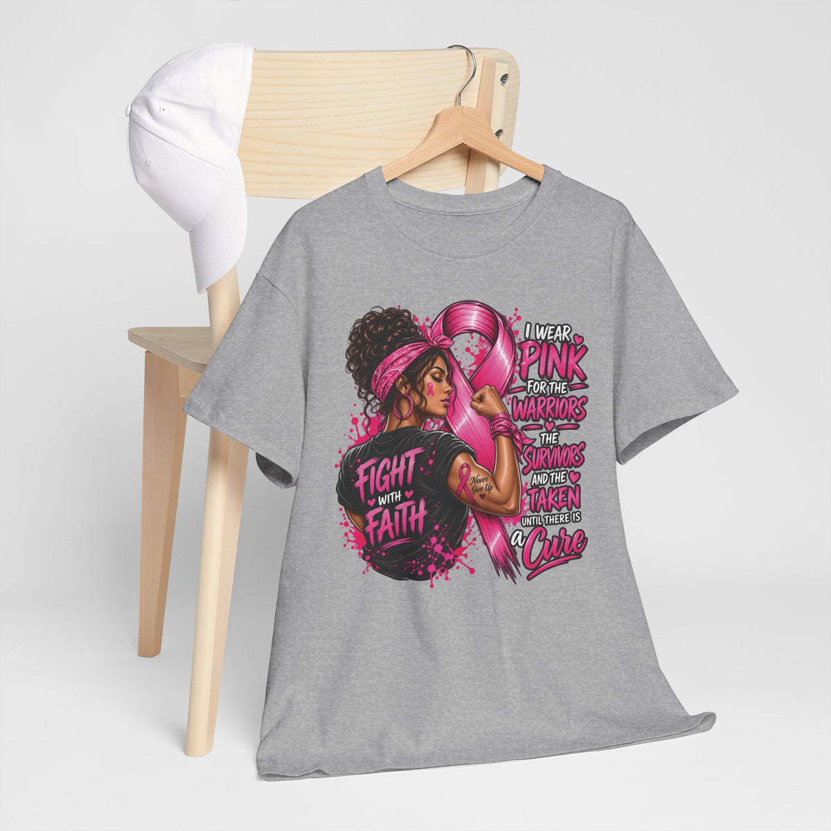 Fight with Faith breast cancer awareness T-Shirt | Rosie the Riveter pink ribbon design
