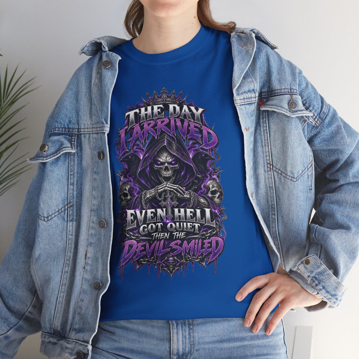 Grim Reaper Skull with Purple Flames T-Shirt | Gothic Death Quote Tee
