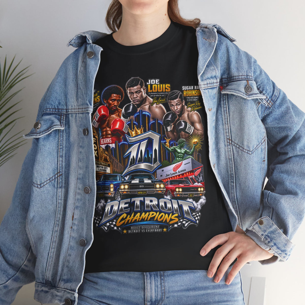 Detroit Champions T-Shirt | Motor City Boxing Legends, Classic Cars, City Skyline
