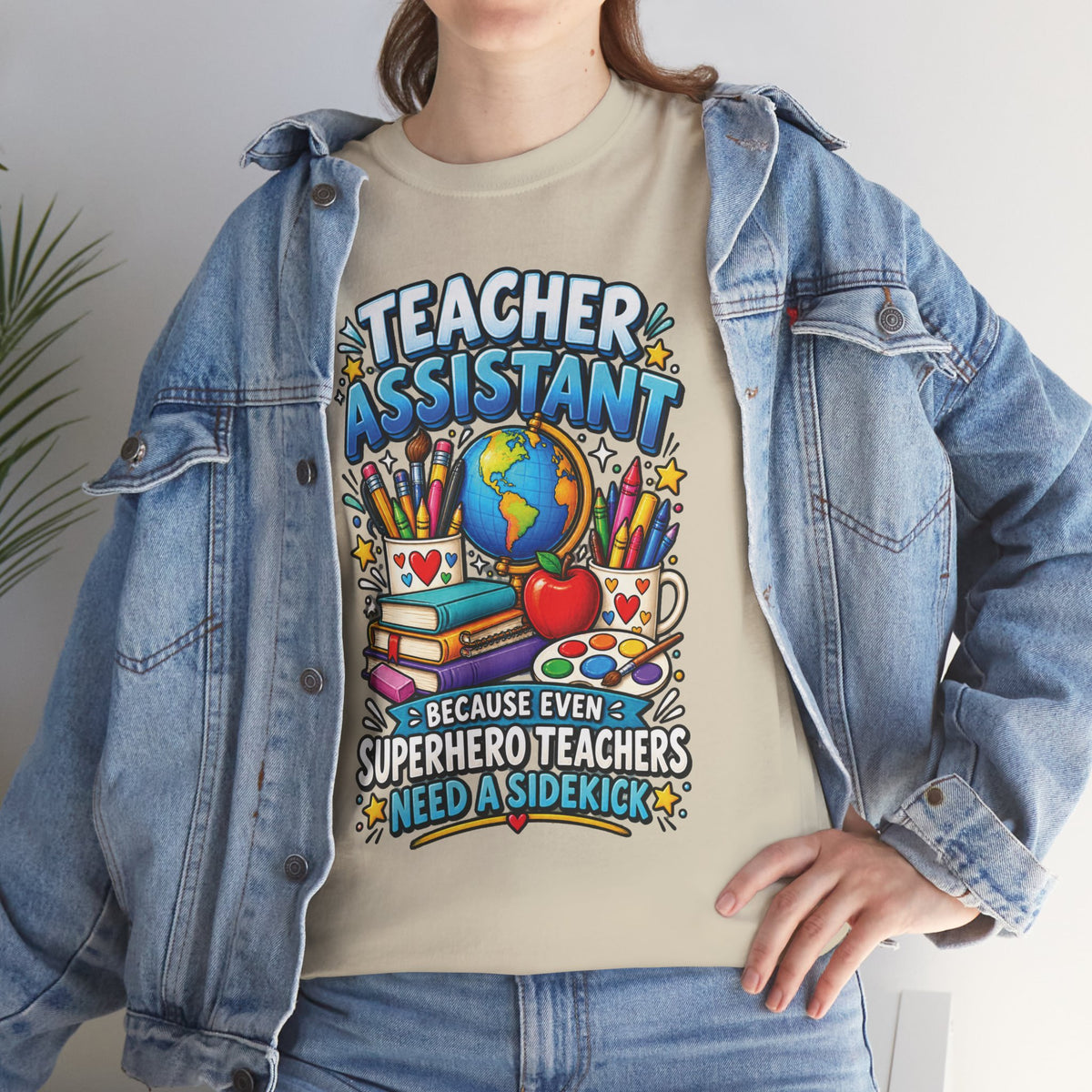 Teacher Assistant Tee | Colorful School Supplies, Globe, Apple, Superhero Theme