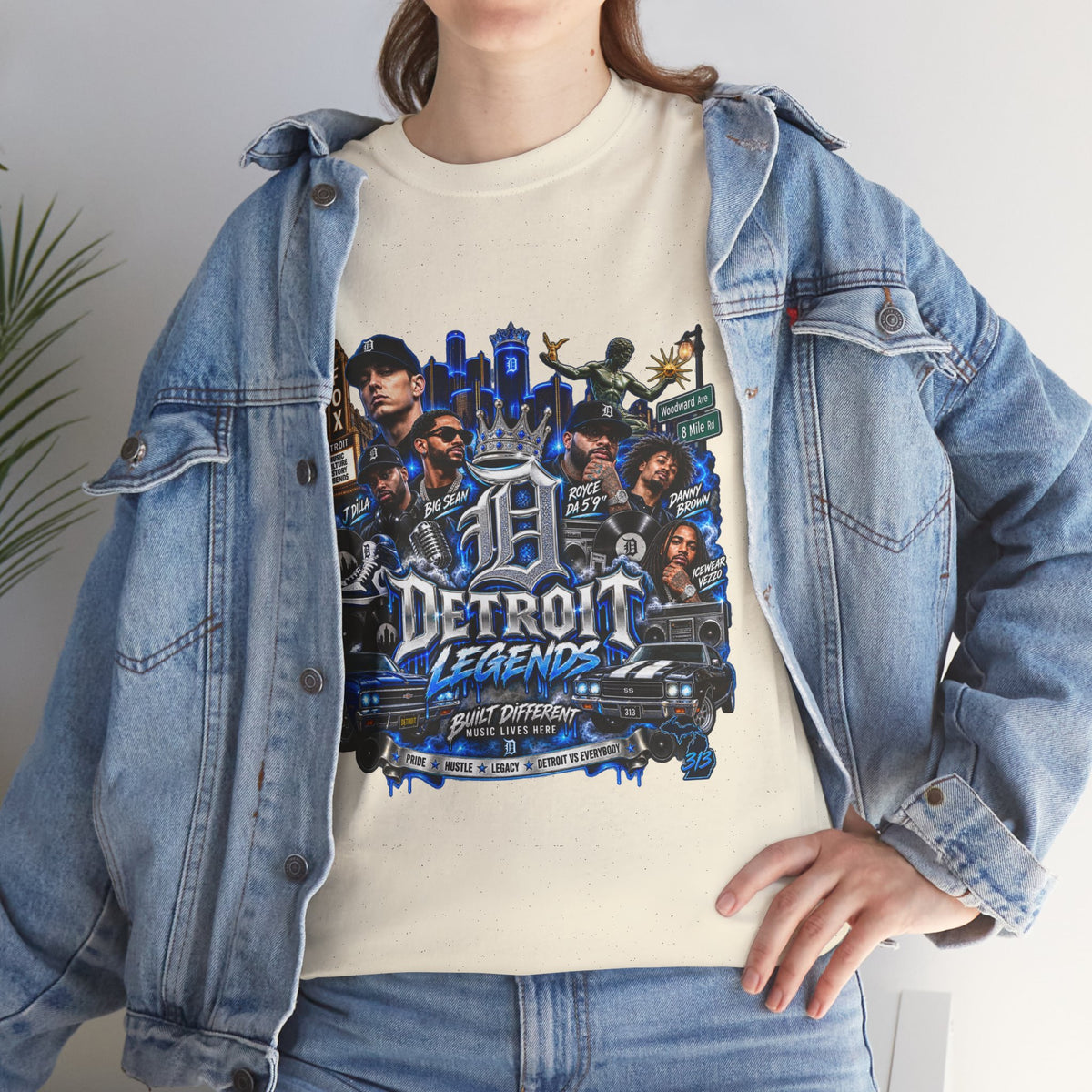 Detroit Legends collage T-Shirt | Motor City skyline, classic cars, musicians
