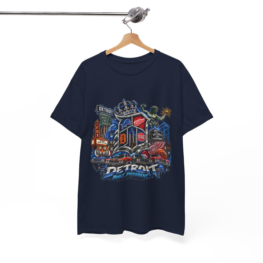 Detroit Skyline Collage T-Shirt | Motor City Landmarks, Vintage Neon Design