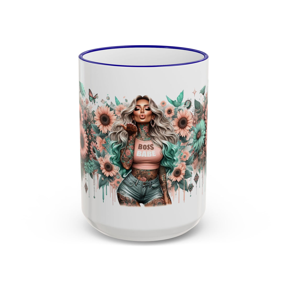 Boss Babe Floral Illustration Mug | Accent Rim & Handle Ceramic Coffee Cup