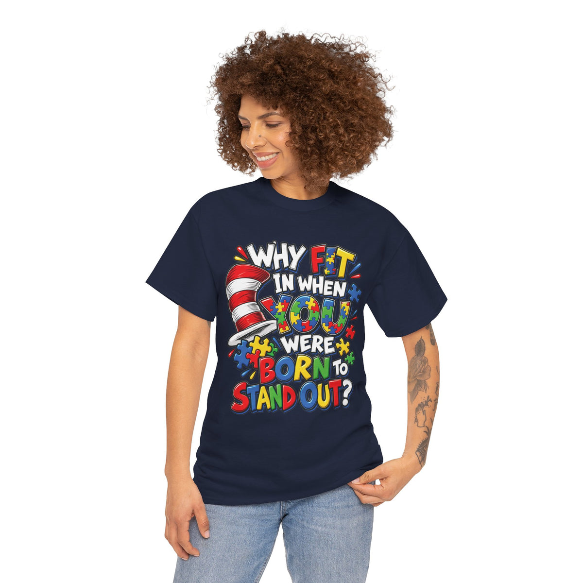 Autism Why Fit In When You Were Born To Stand Out T-shirt | Cat in the Hat Puzzle Design