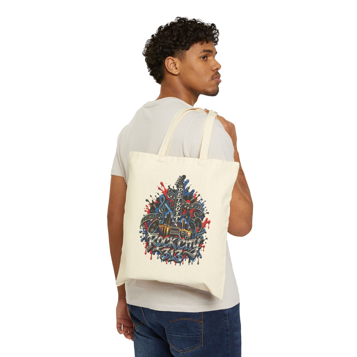 Detroit Rock City Tote Bag | Guitar Skyline Grunge Drip Design