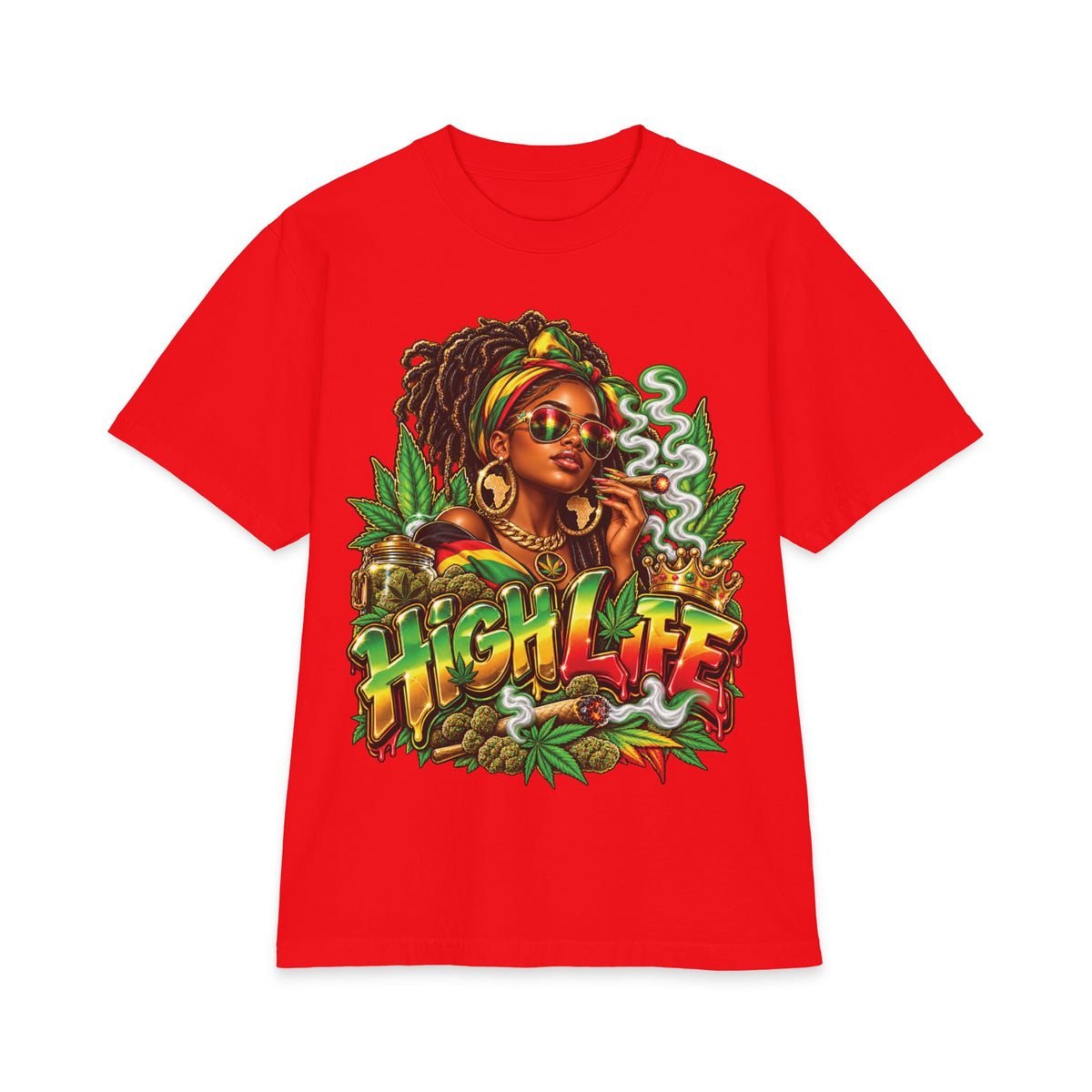 Detrpit 420 High Life Rasta Black Woman T-Shirt | Cannabis Reggae Vibes, Smoking Art